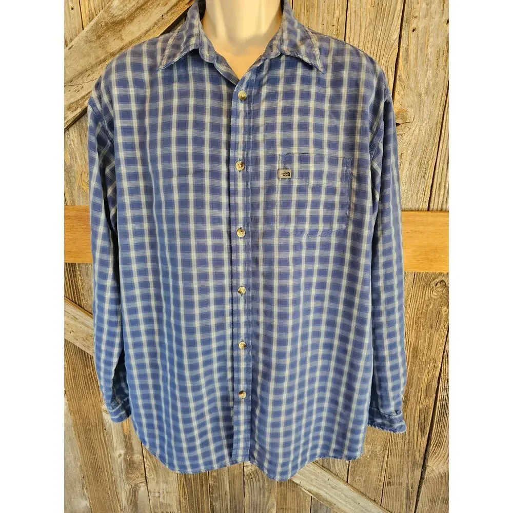 The North Face size L large blue plaid long sleeve performance button up casual^